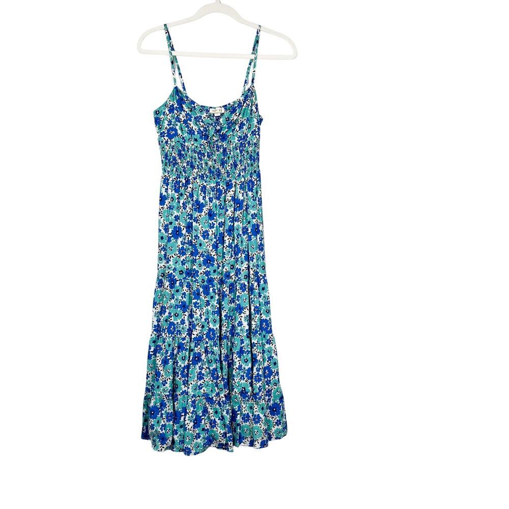 Yumi Kim Tiered Floral Blue Smocked Sleeveless Dress Sz S Cottage Boho Peasant